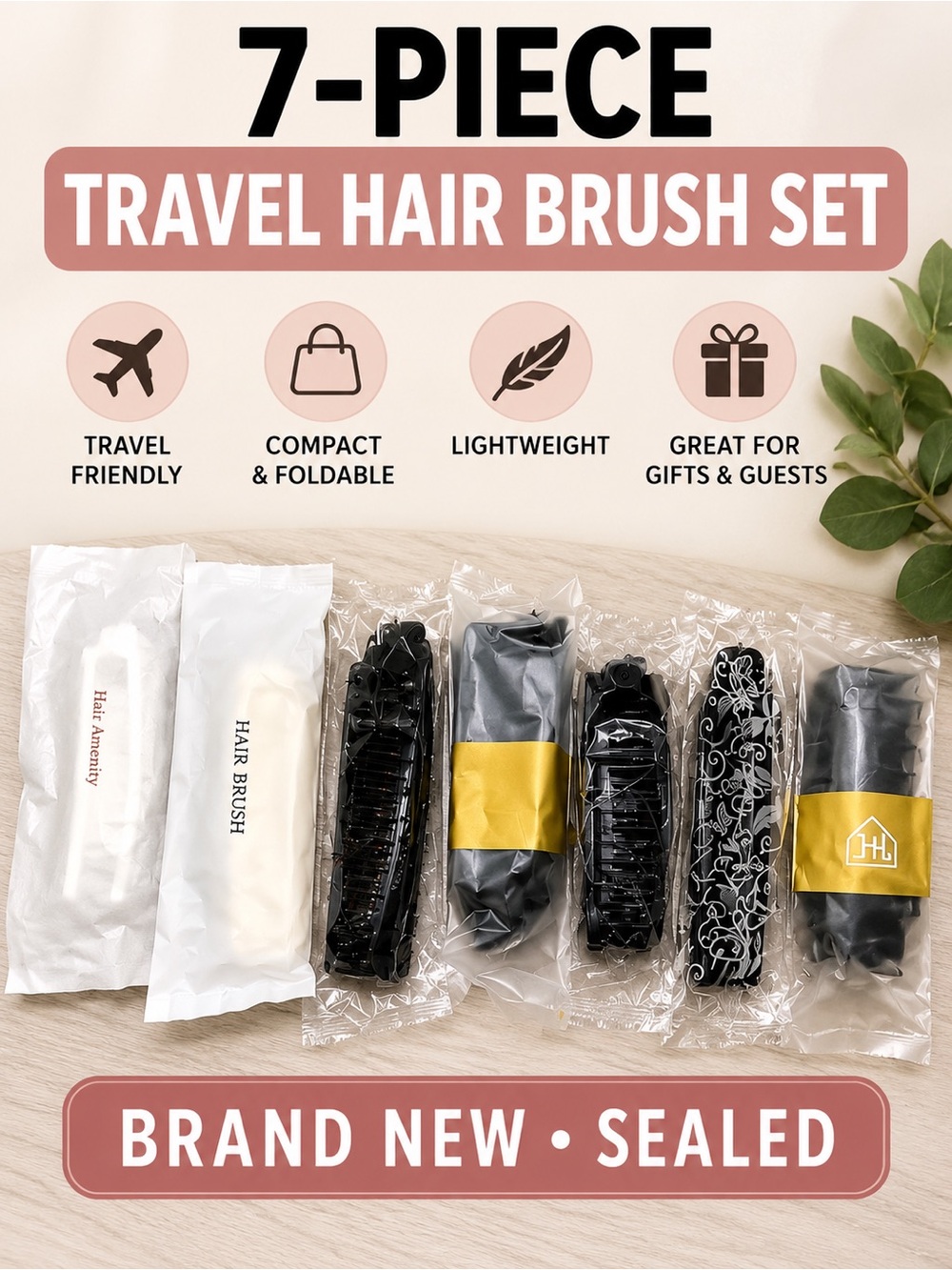 7 Pc Travel Folding Hair Brush Set Compact Mini Purse Gym Hotel NEW